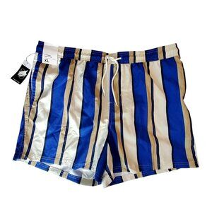 Striped Swim Shorts Blue WhiteTan Vertical Pattern Beach Lounge Casual BottomsXL